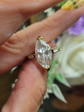 gold 925 8 Marquise Cut Diamond Solitaire Ring Tapered Baguette Accents 3ct